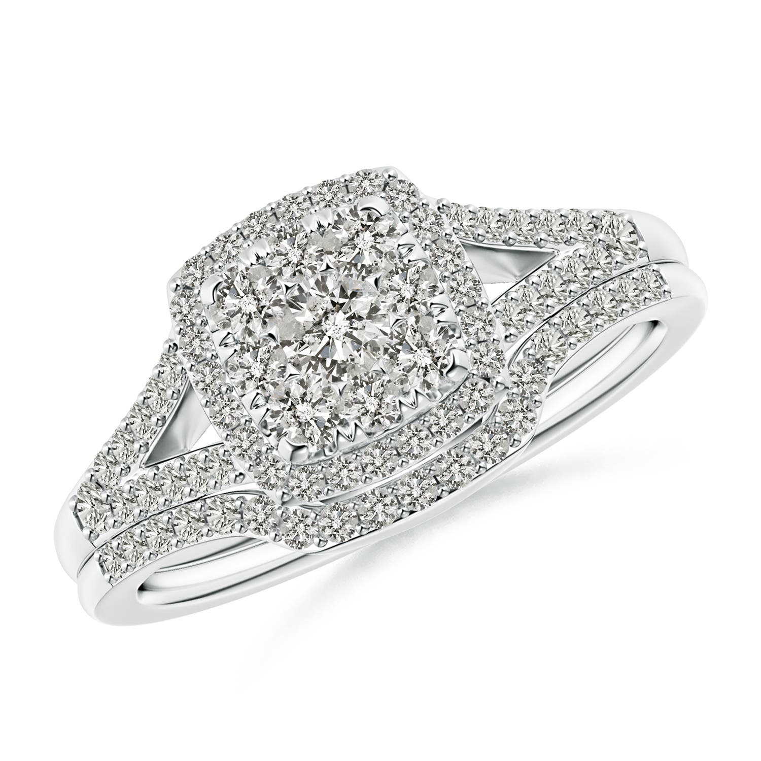 Angara 0.87 Carat Cushion Composite Diamond Halo Split Shank Bridal Set in Platinum