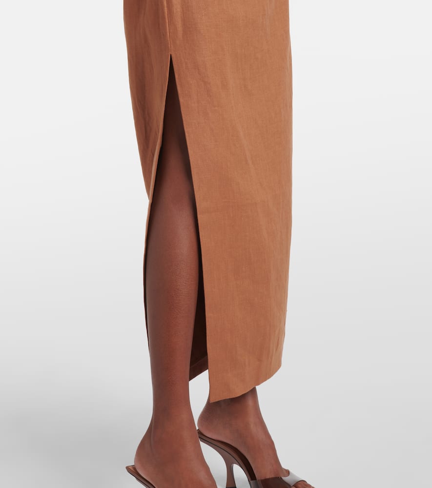 Asymmetric ruched linen midi skirt