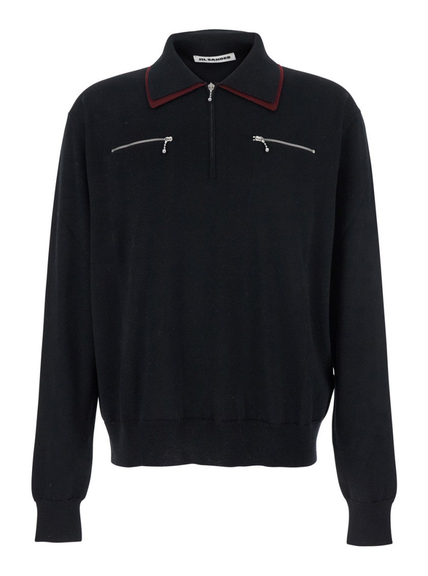 Black Sweater With Classic Collar And Front Zip Pockets In Wool Man