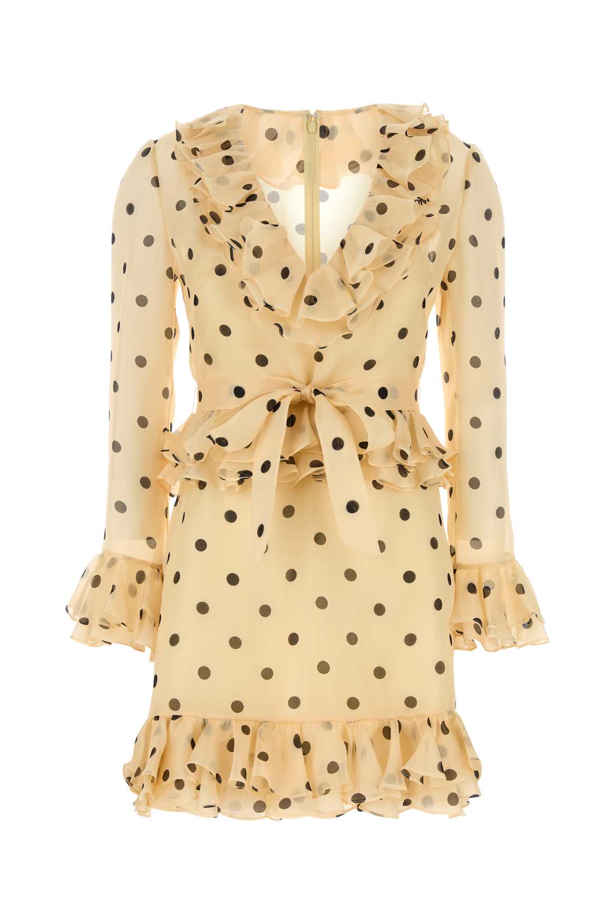 Silk Polka-Dot Ruffled Dress — Beige