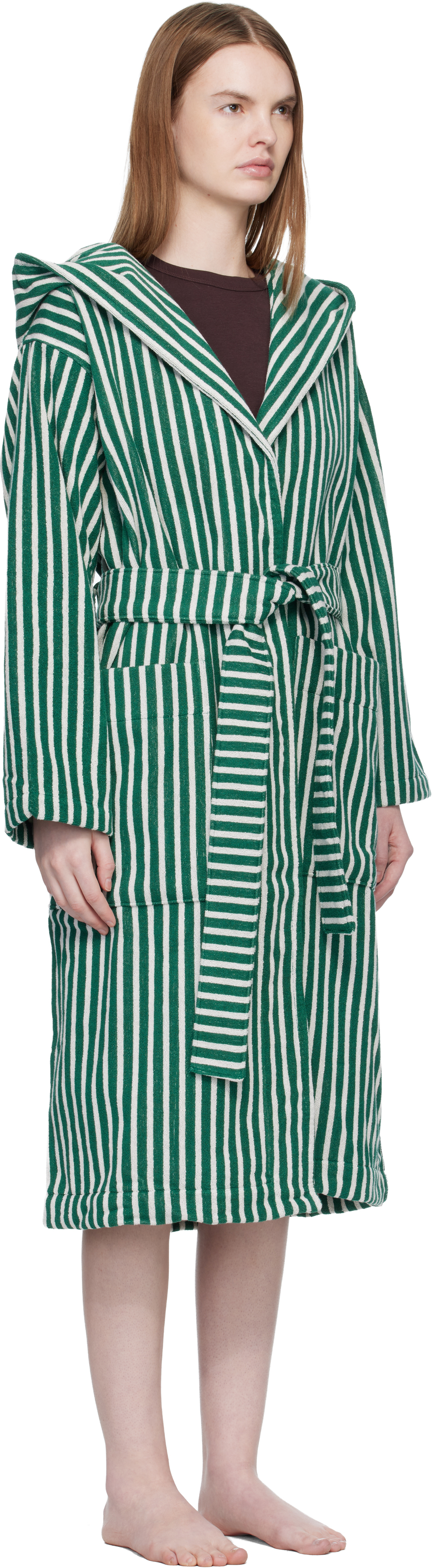 Green & White Terry Hooded Bathrobe