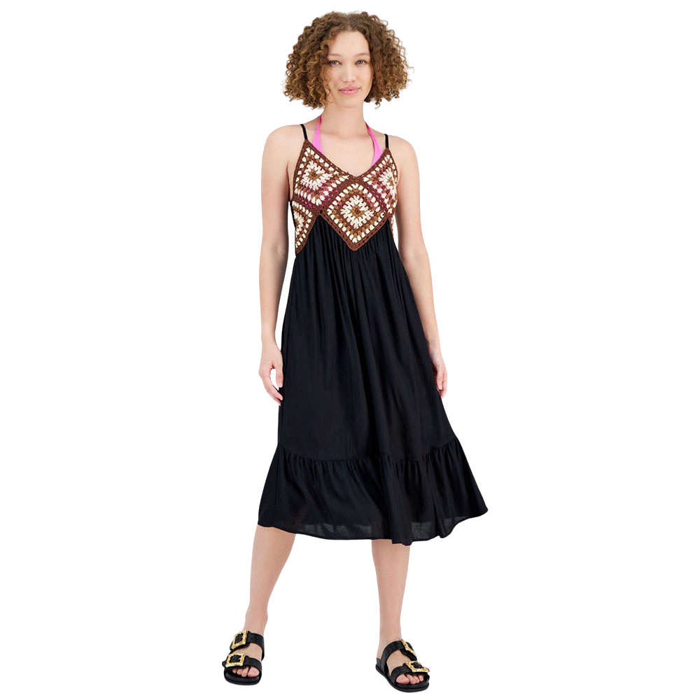 Black & Brown Crochet-bodice Midi Dress Cover-up