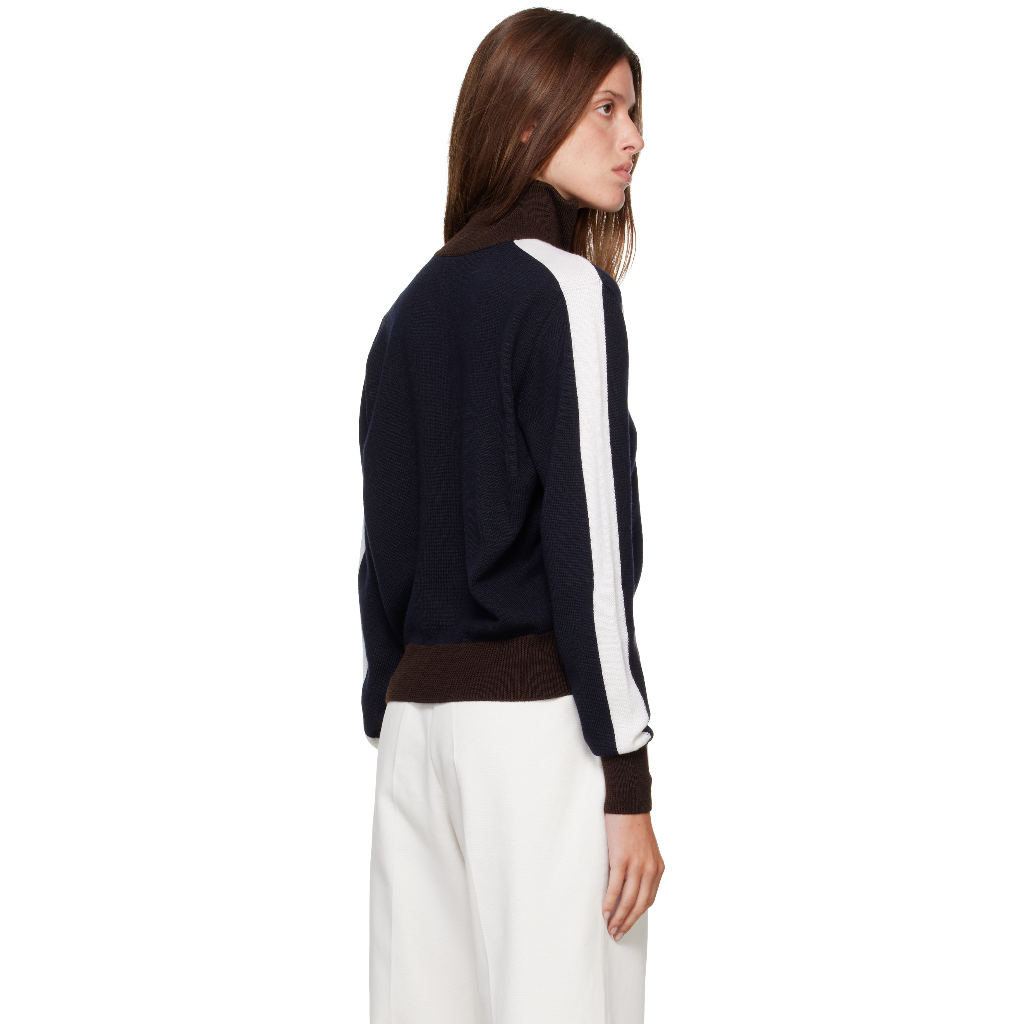 Navy & Brown Extrafine Merino Wool Sporty Cardigan