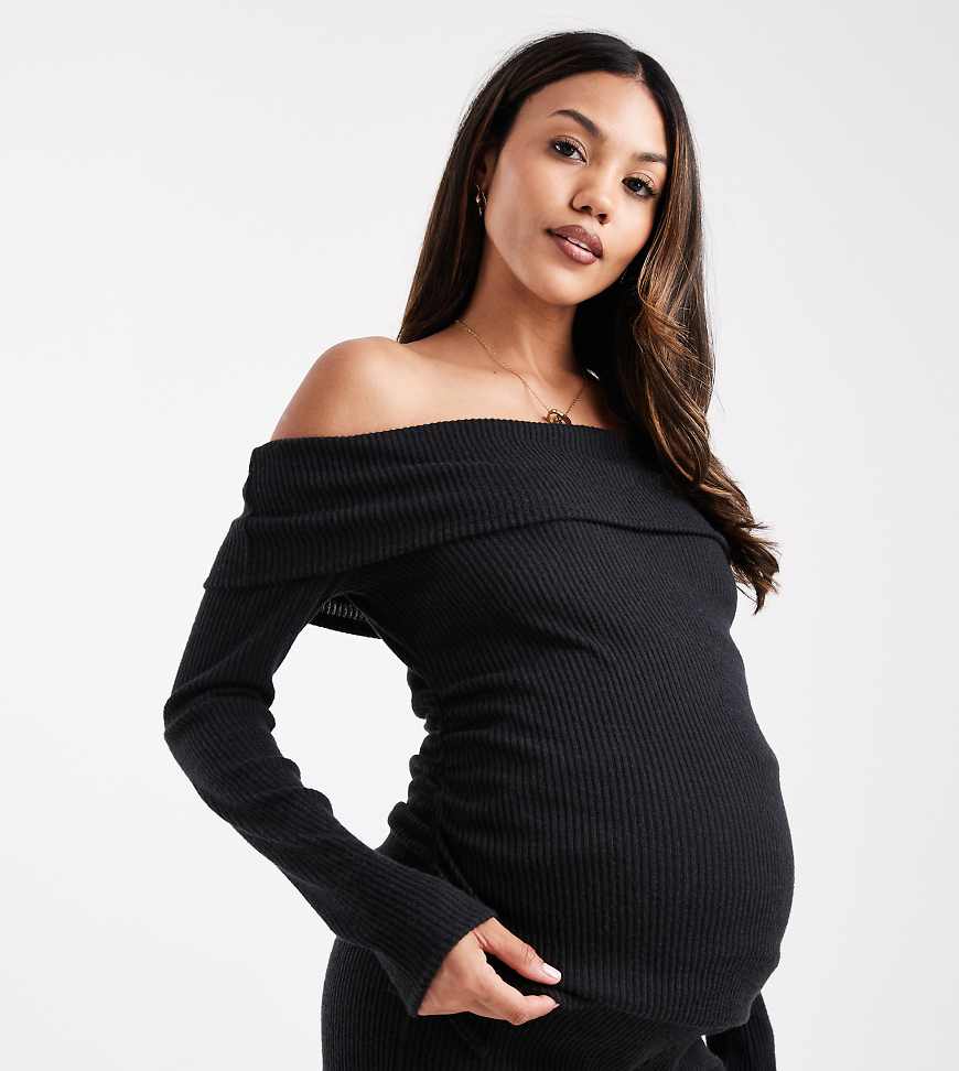 ASOS DESIGN Maternity long sleeve ribbed bardot top in black - part of a set