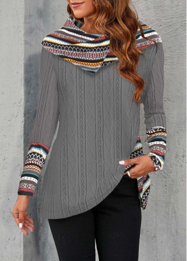 Modlily Dark Grey Patchwork Tribal Print Long Sleeve Sweatshirt