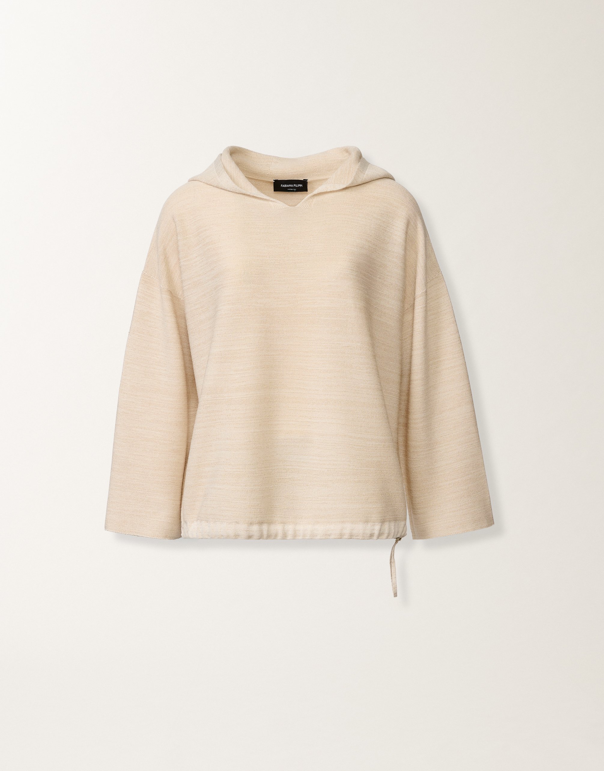 Hooded sweater in wool, cotton, and lurex, cream