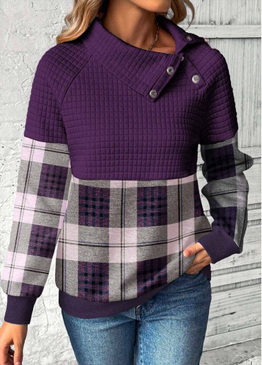 Modlily Purple Patchwork Plaid Long Sleeve Asymmetrical Neck Sweatshirt