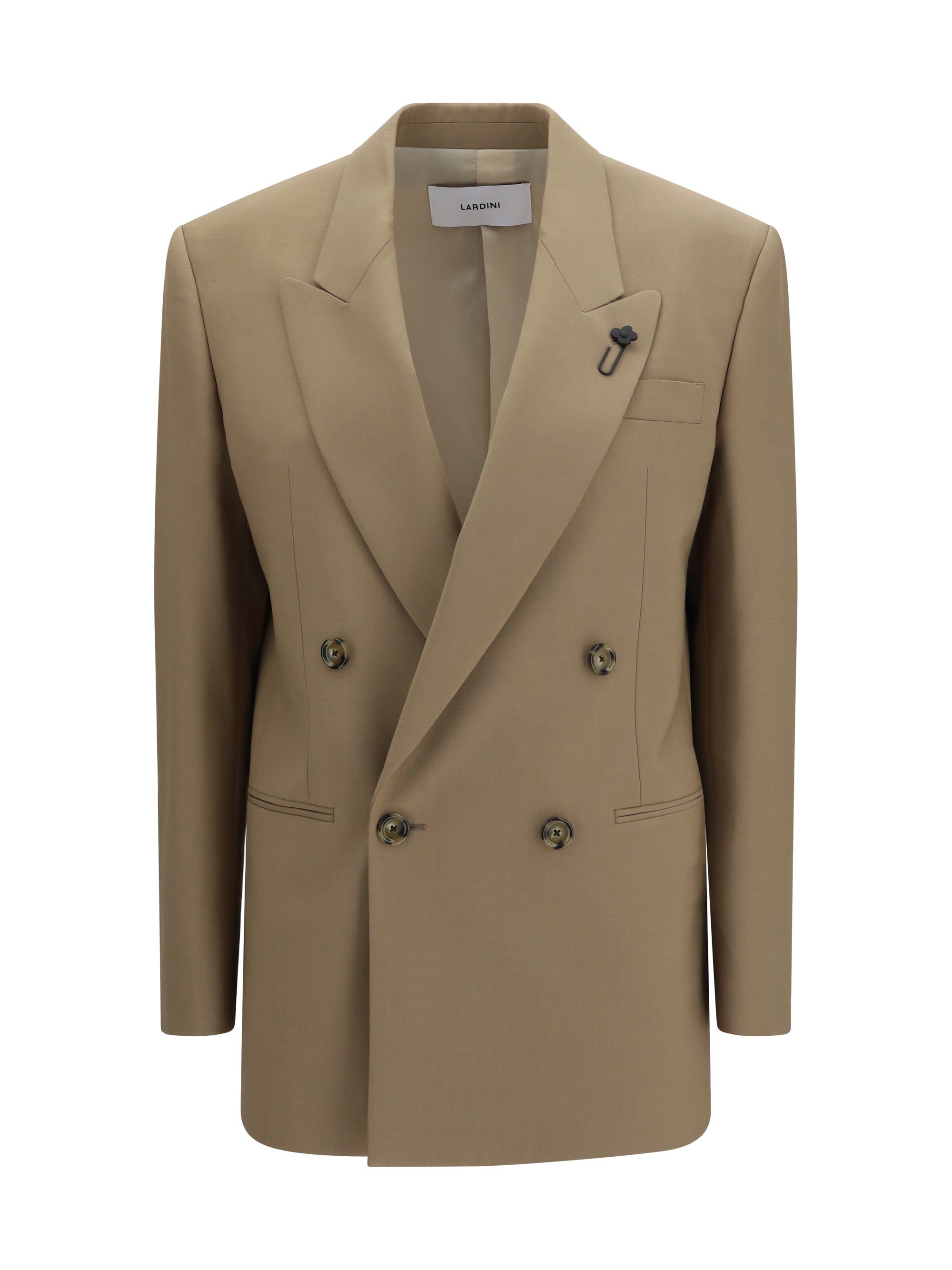 Double-Breasted Stretch Wool Blend Blazer — Beige
