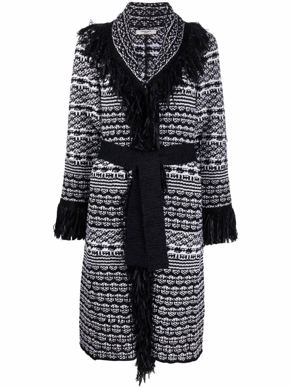 Fringed intarsia-knit cardigan coat - Black