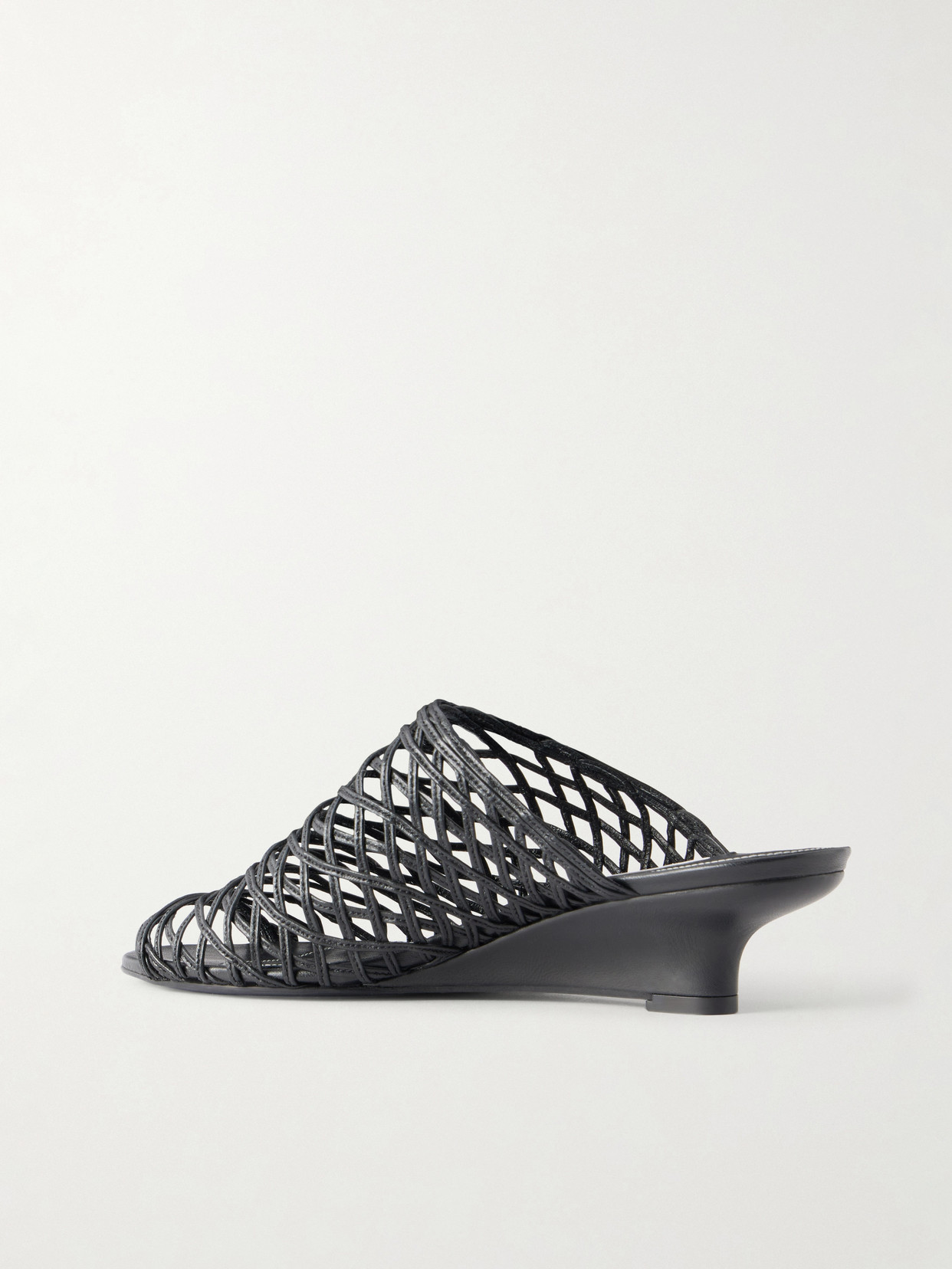 Woven Leather Wedge Mules - Black