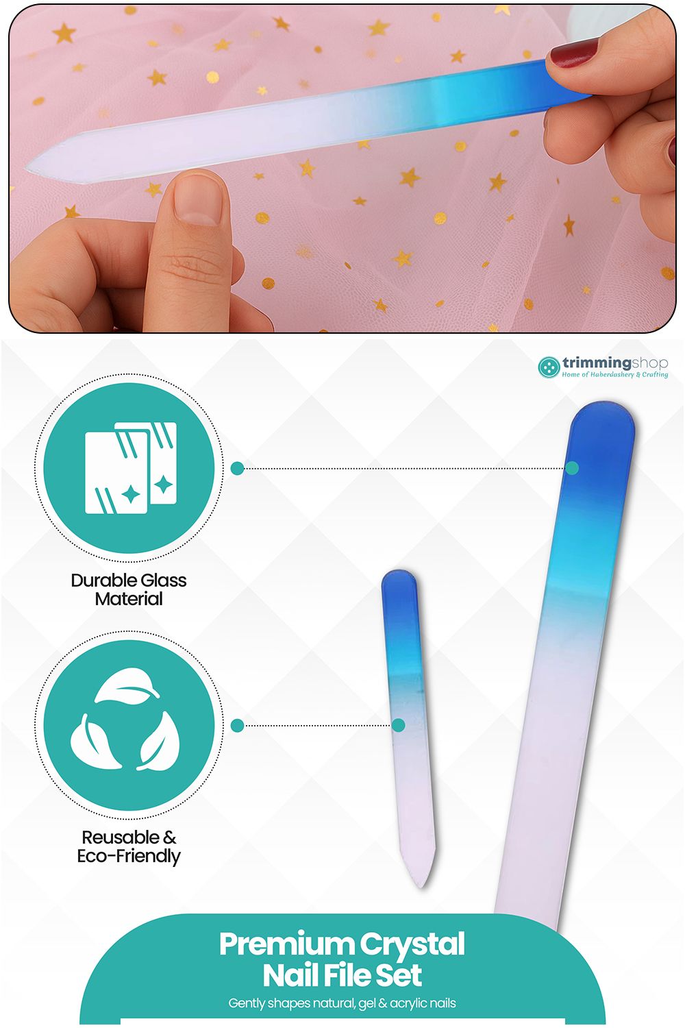 Neel Blue Turquoise Glass Nail File Set, Crystal Double Sided Etched File
