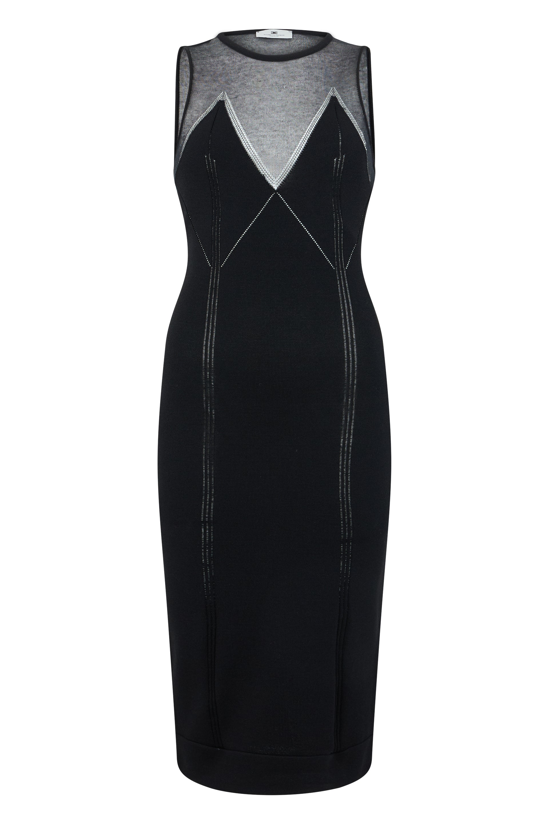 V-Neck Fitted Knit Dress with Sheer Panel Details