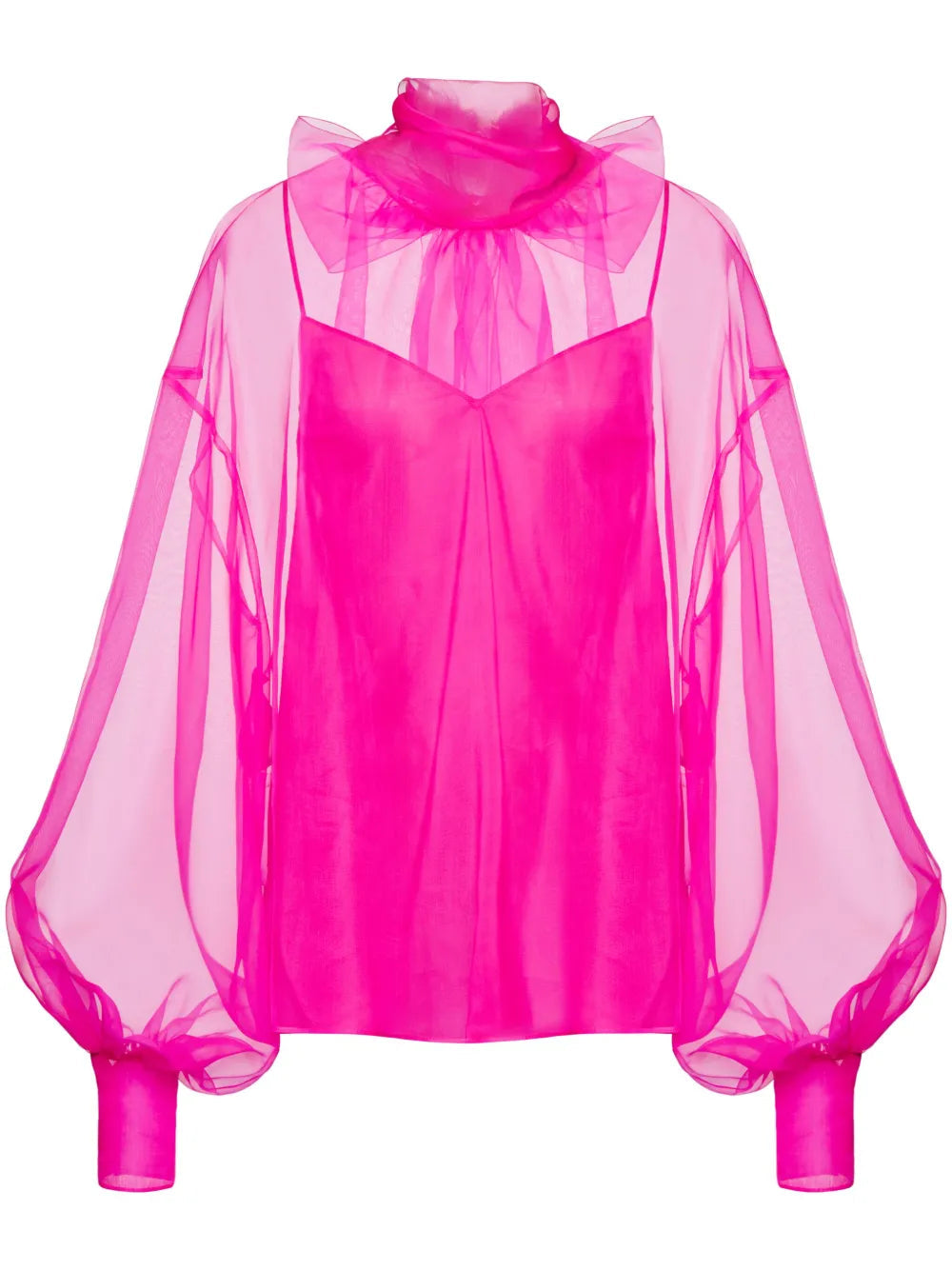 Bow-Detail Organza Silk Blouse — Pink