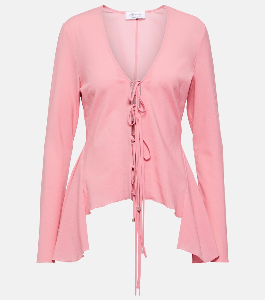 Ruffled tie-front wool-blend blouse