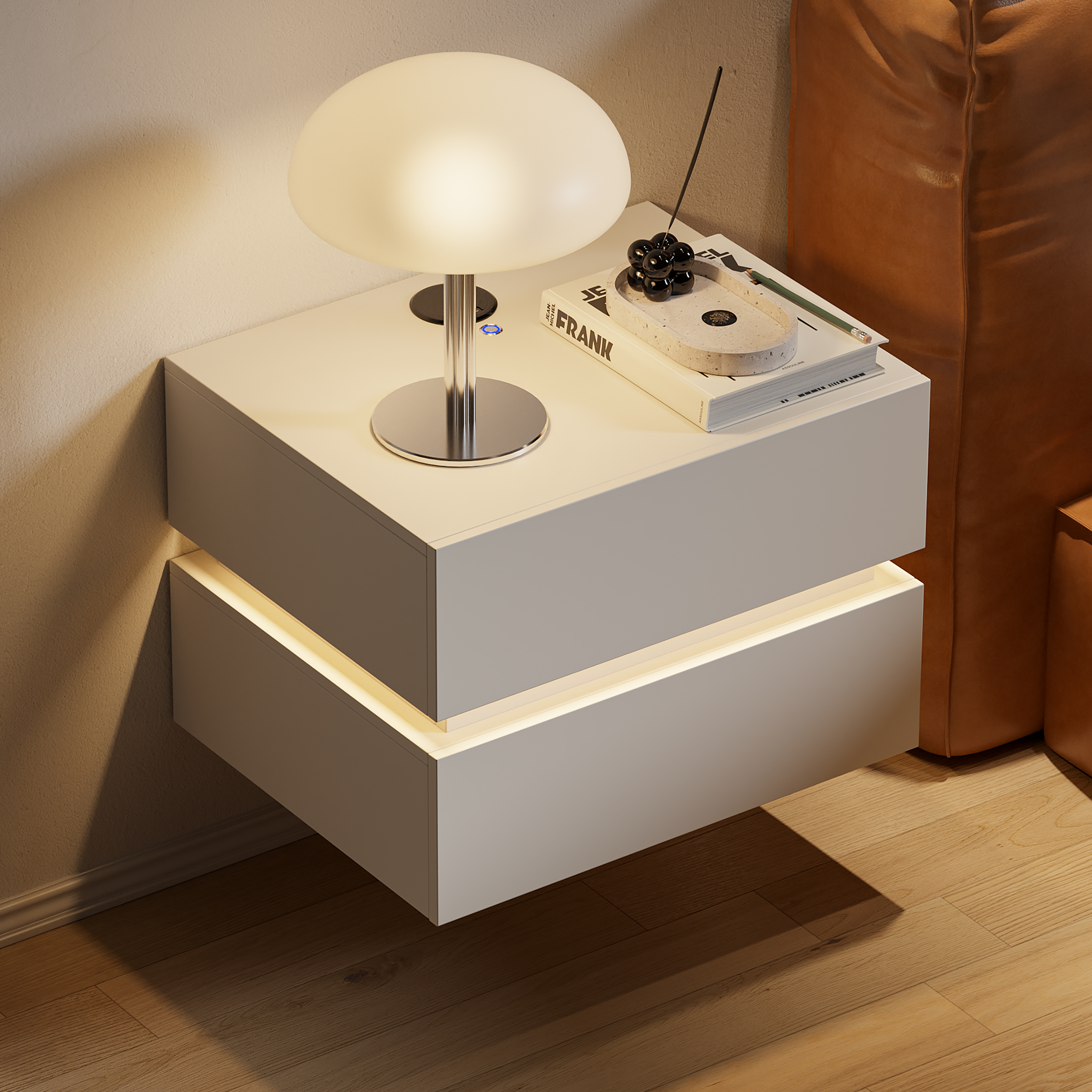 Floating Smart LED Nightstand Wireless Charging Station Bedside Table with Light White