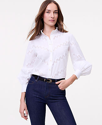 Ann Taylor Petite Weekend Eyelet Ruffle Collar Shirt
