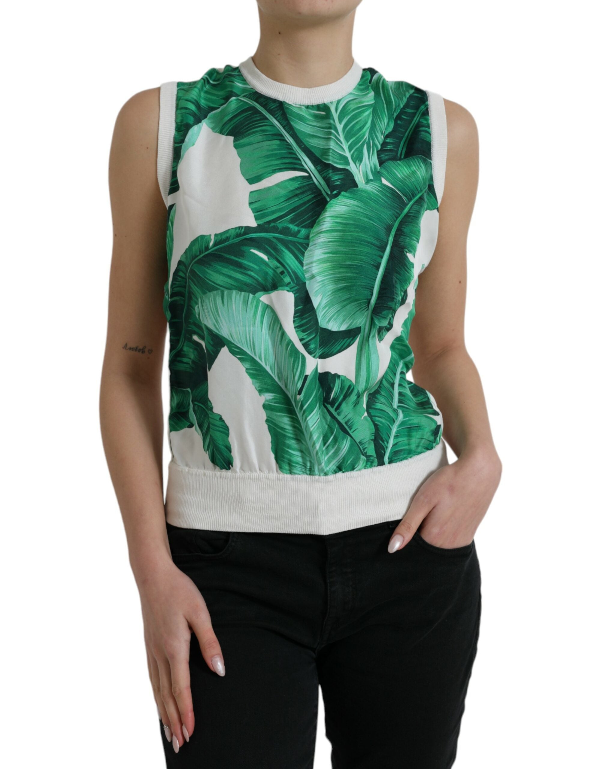 Banana Leaf Print Silk Tank Top — White
