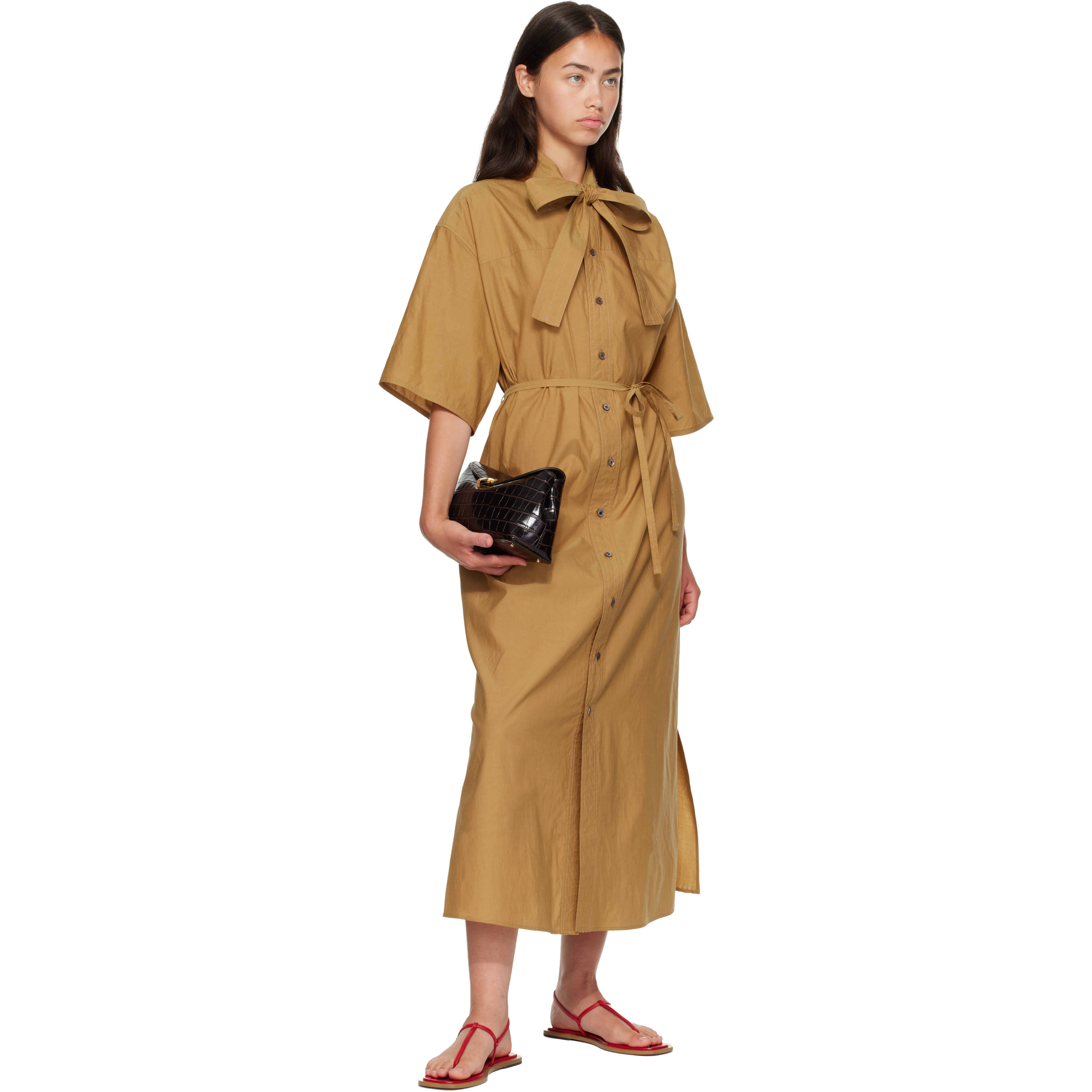 Brown T-Lock Croco-Embossed Clutch