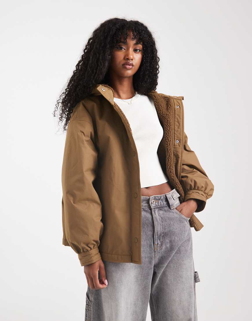 Oversized fleece lined rain coat in olive-Brown