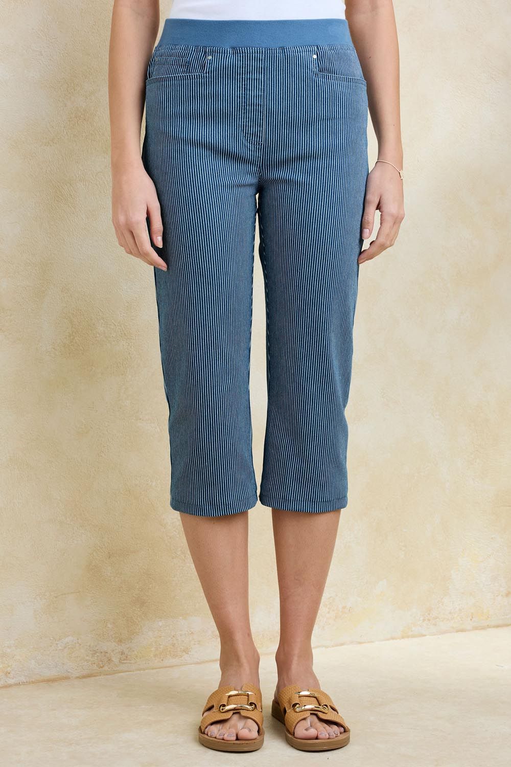 Cotton Traders Women's Premium Pull On Rib Waist Stripe Cropped Denim Jeans in Mid Blue