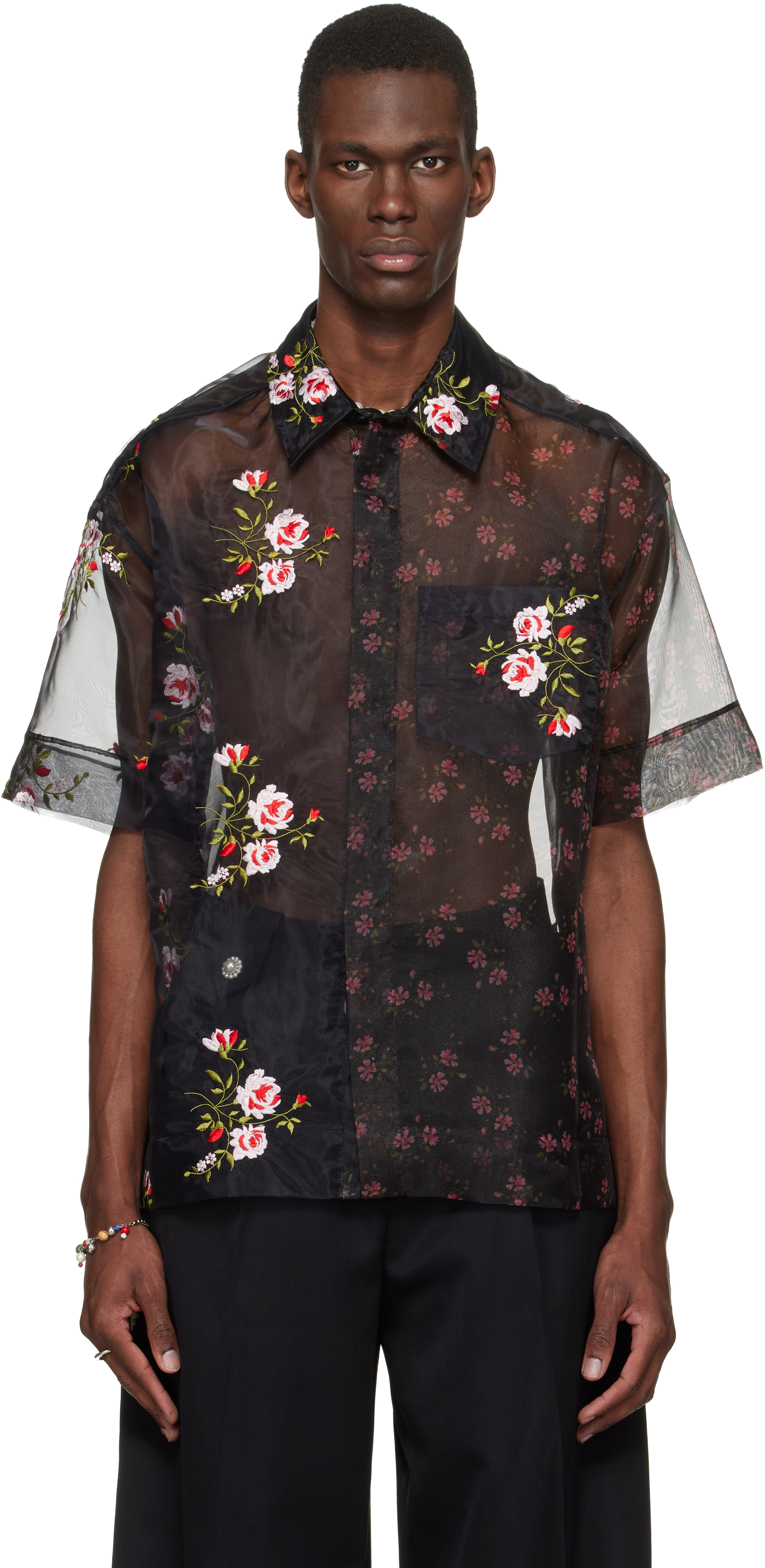 Black Sheer Patchwork Boxy Shirt