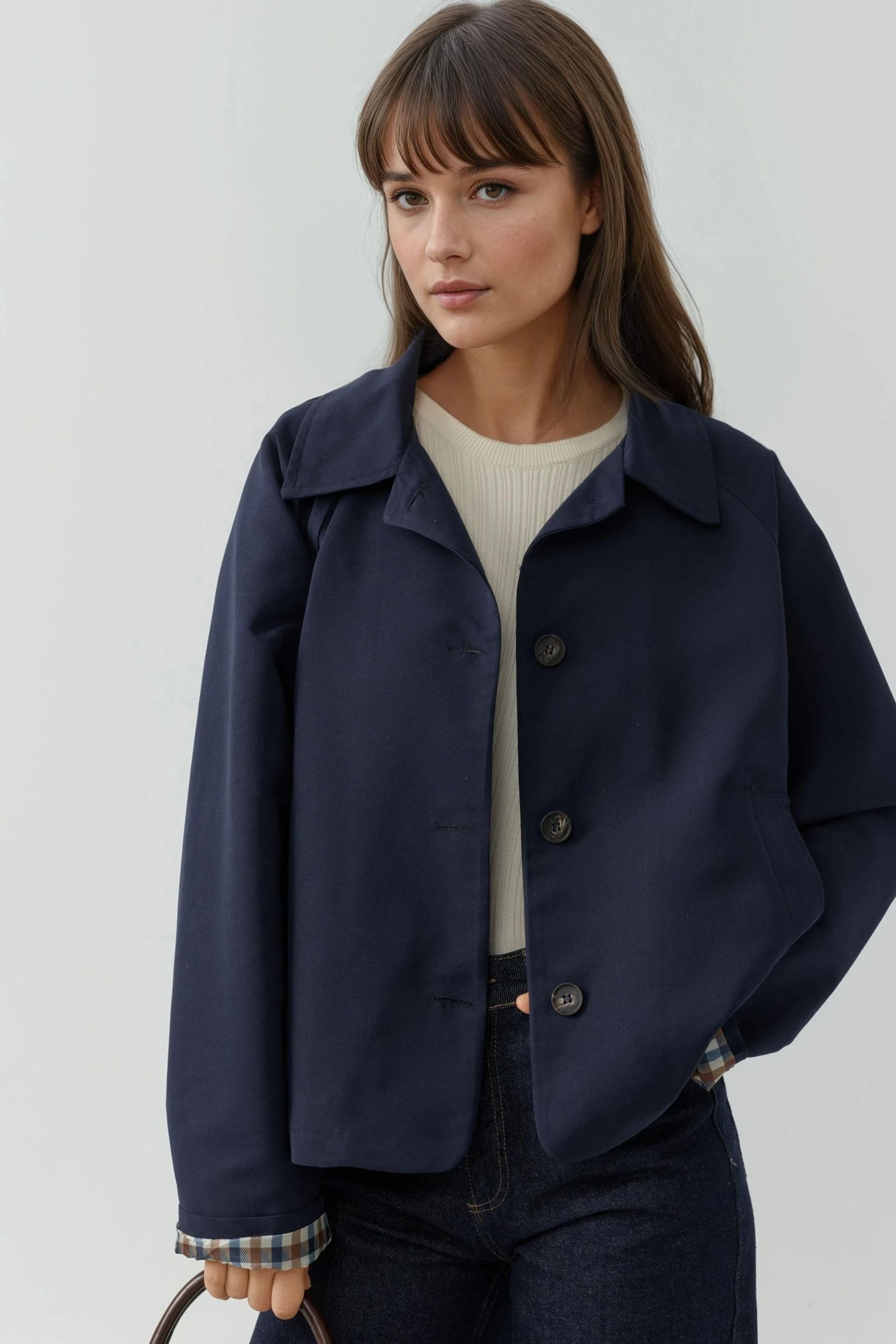 Blue Plaid Checkered Lining Jacket With Button Closure Women