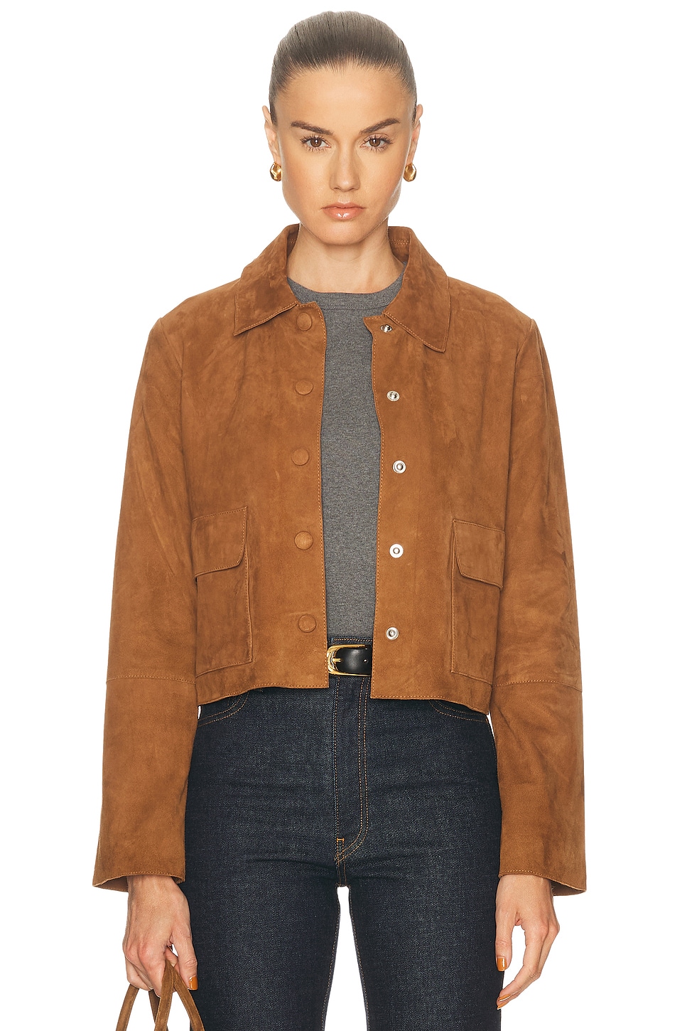 By Malene Birger Annie Cropped Suede Jacket in Rusty Sand - Brown. 34 also , 38