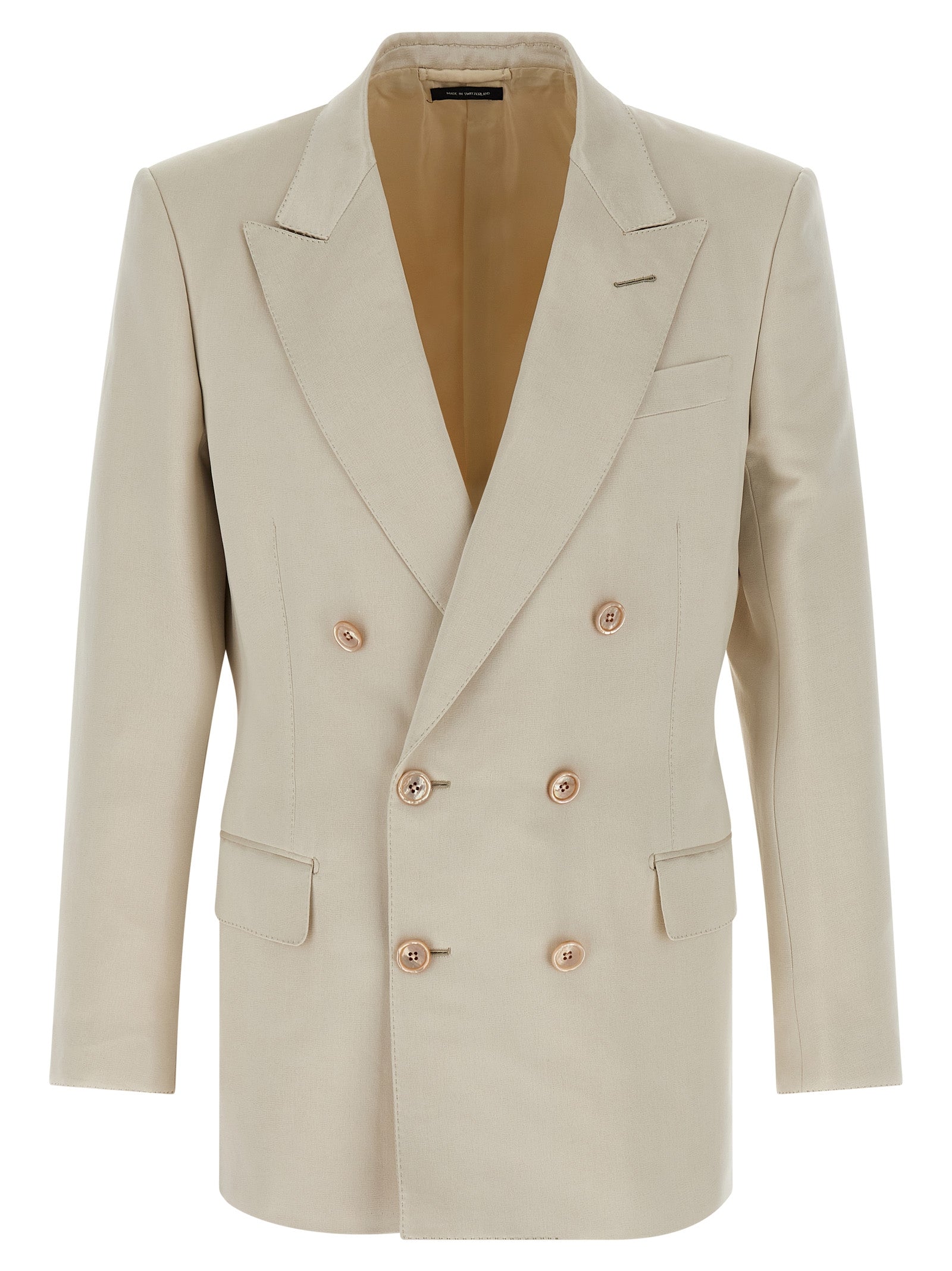 Double-Breasted Cotton-Silk Blazer — Beige