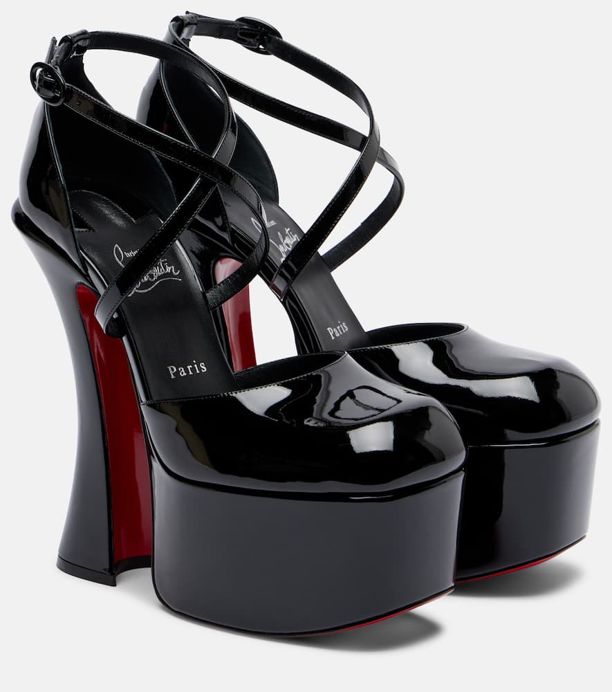 Aqua patent leather platform pumps