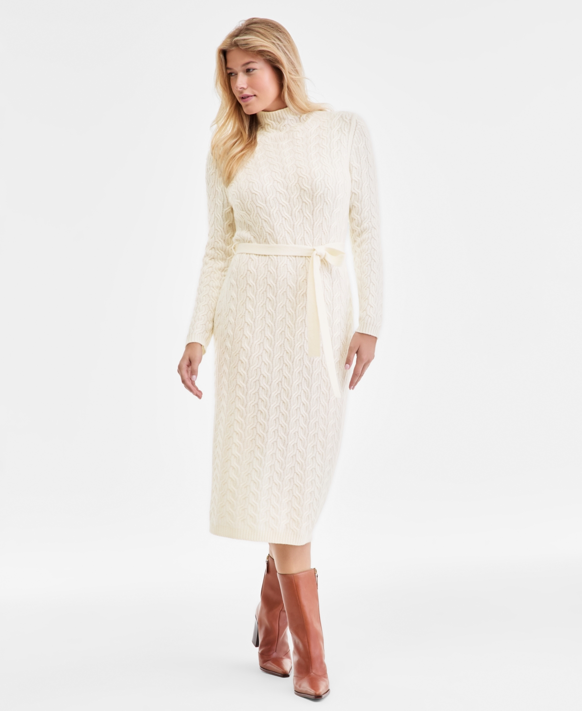 Women's 100% Cashmere Cable-Knit Mock Neck Midi Dress, Macy's Exclusive - Vanilla Ice