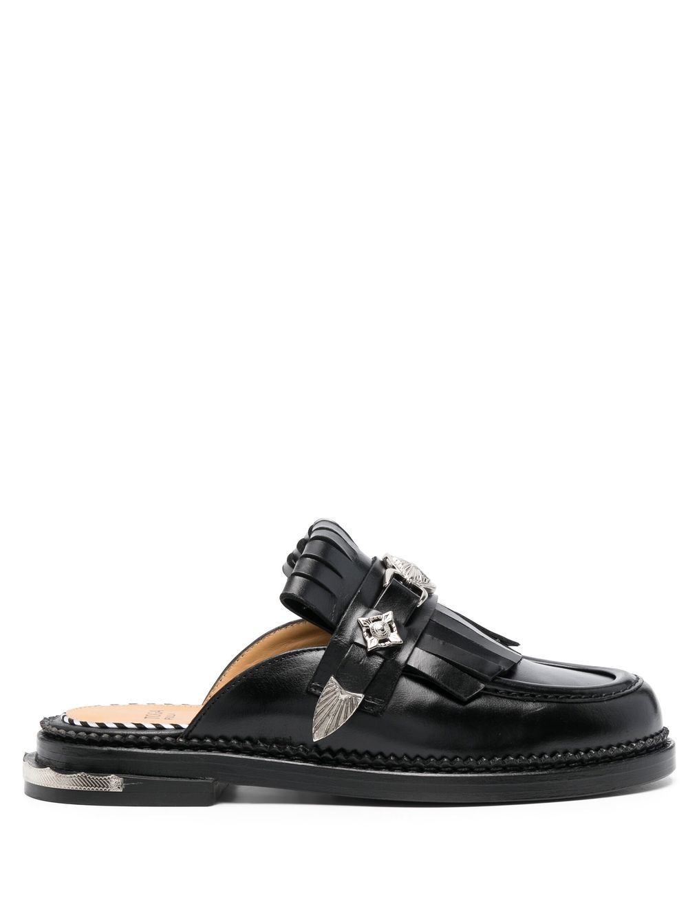 Fringed leather slippers - Black