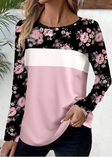 Modlily Pink Patchwork Ditsy Floral Print Long Sleeve T Shirt