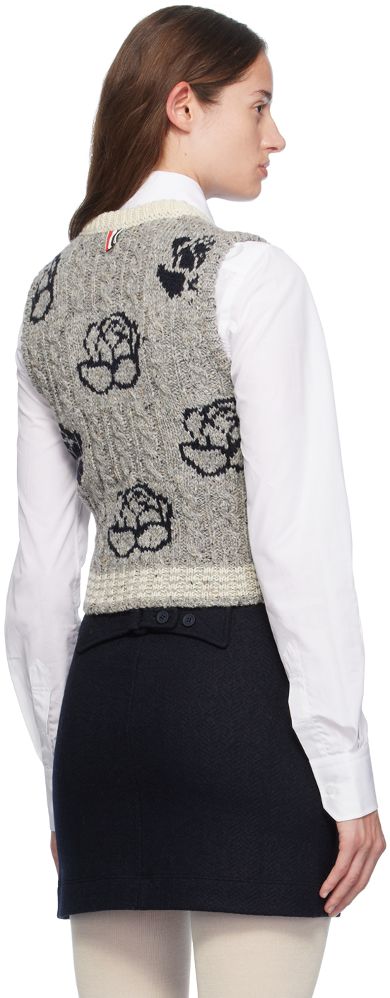 Thom Browne Gray Donegal Cable Check & Rose Vest
