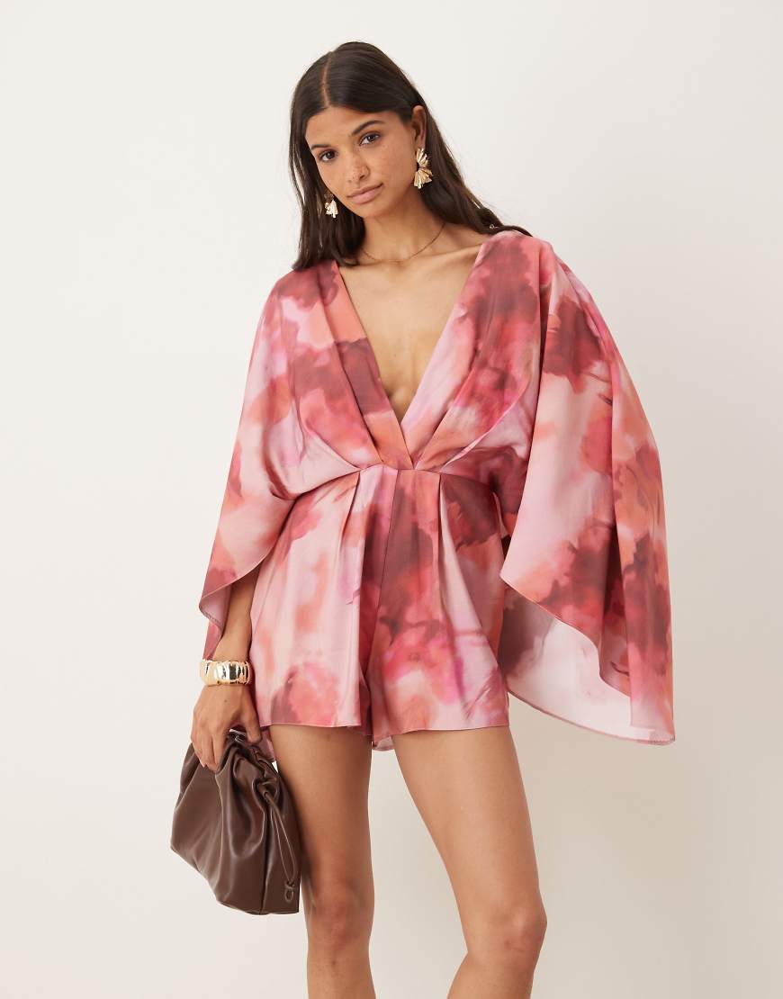 Exaggerated sleeve plunge playsuit in soft floral print-Multi