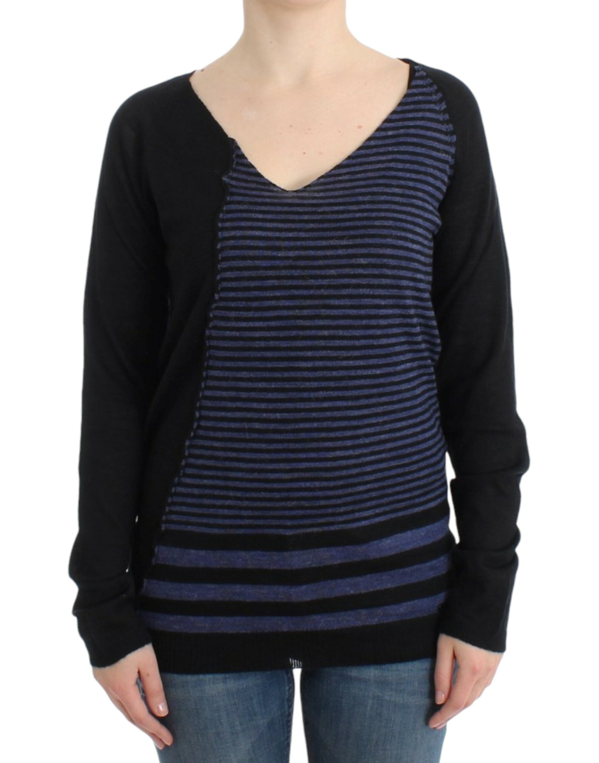 Striped V-Neck Sweater — Black