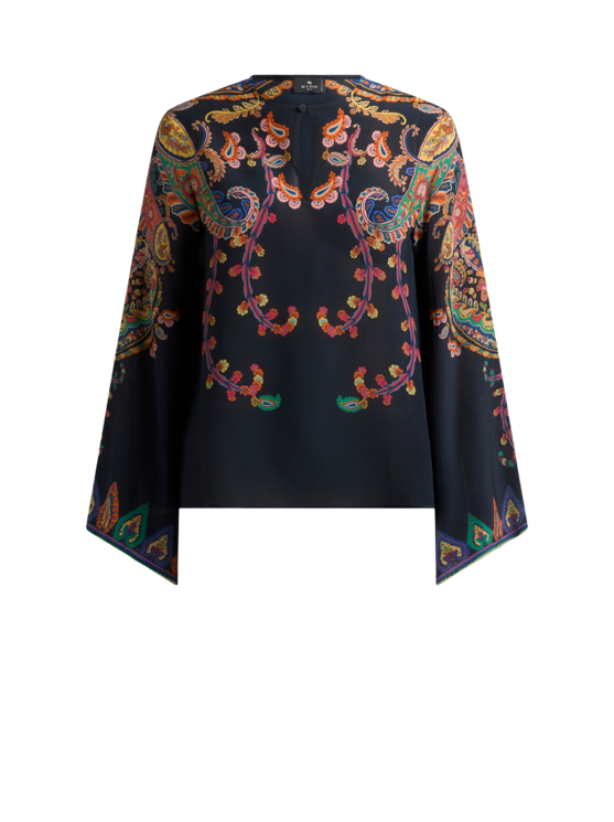 Silk Blouse With Placed Floral Paisley Print