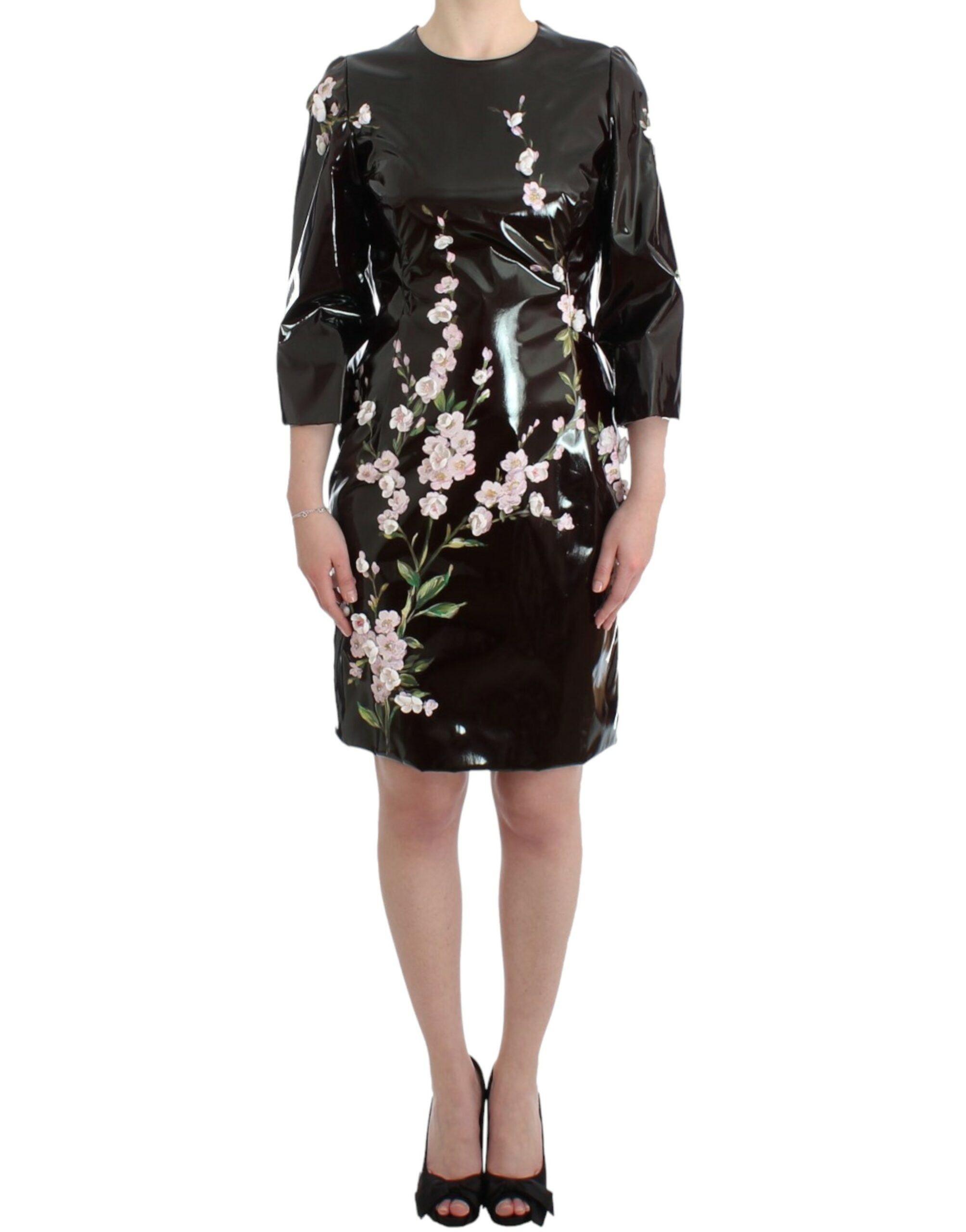 Patent Floral Handpainted Dress — Black
