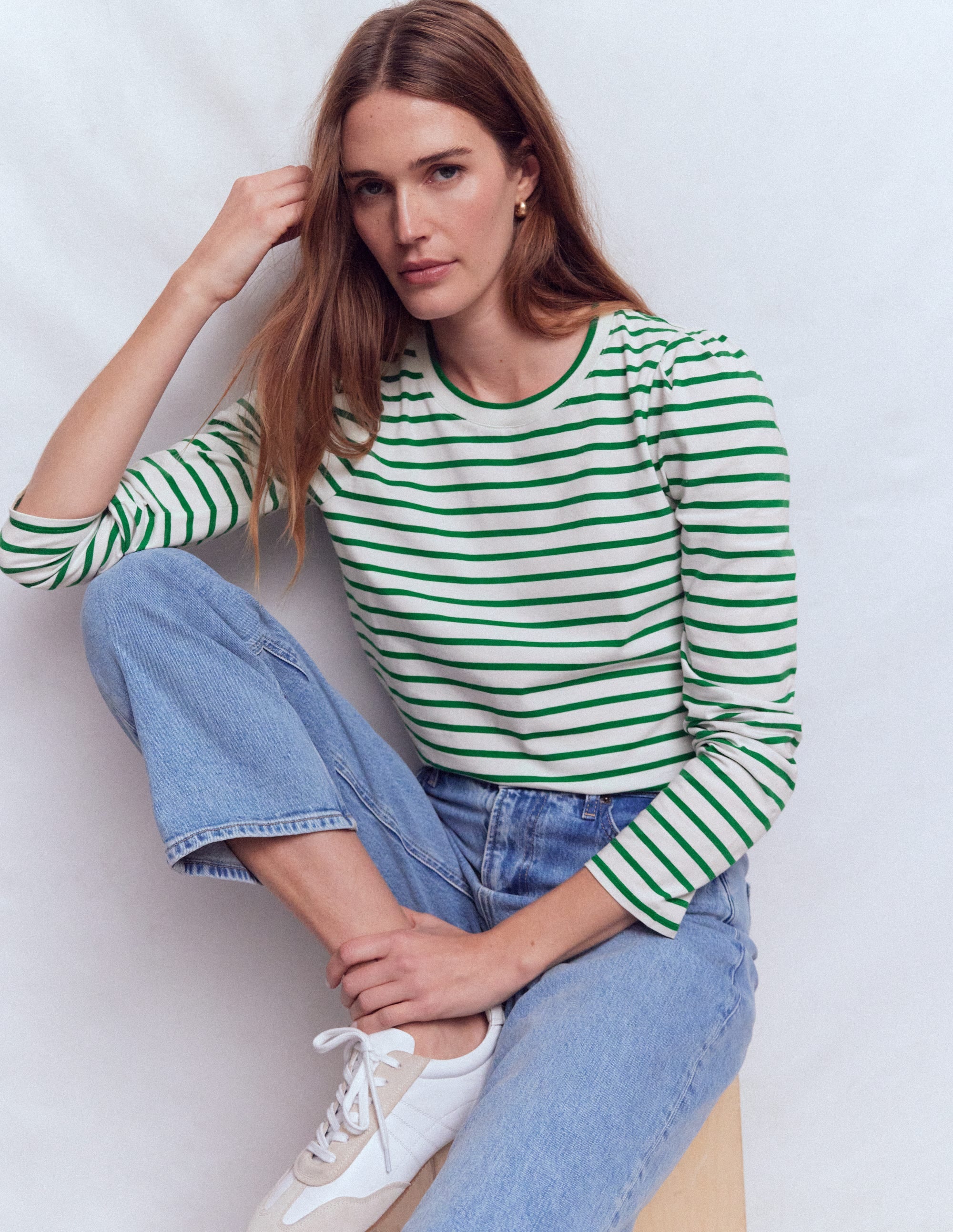Women's Pleat Sleeve Stripe Top in Green | Size XS