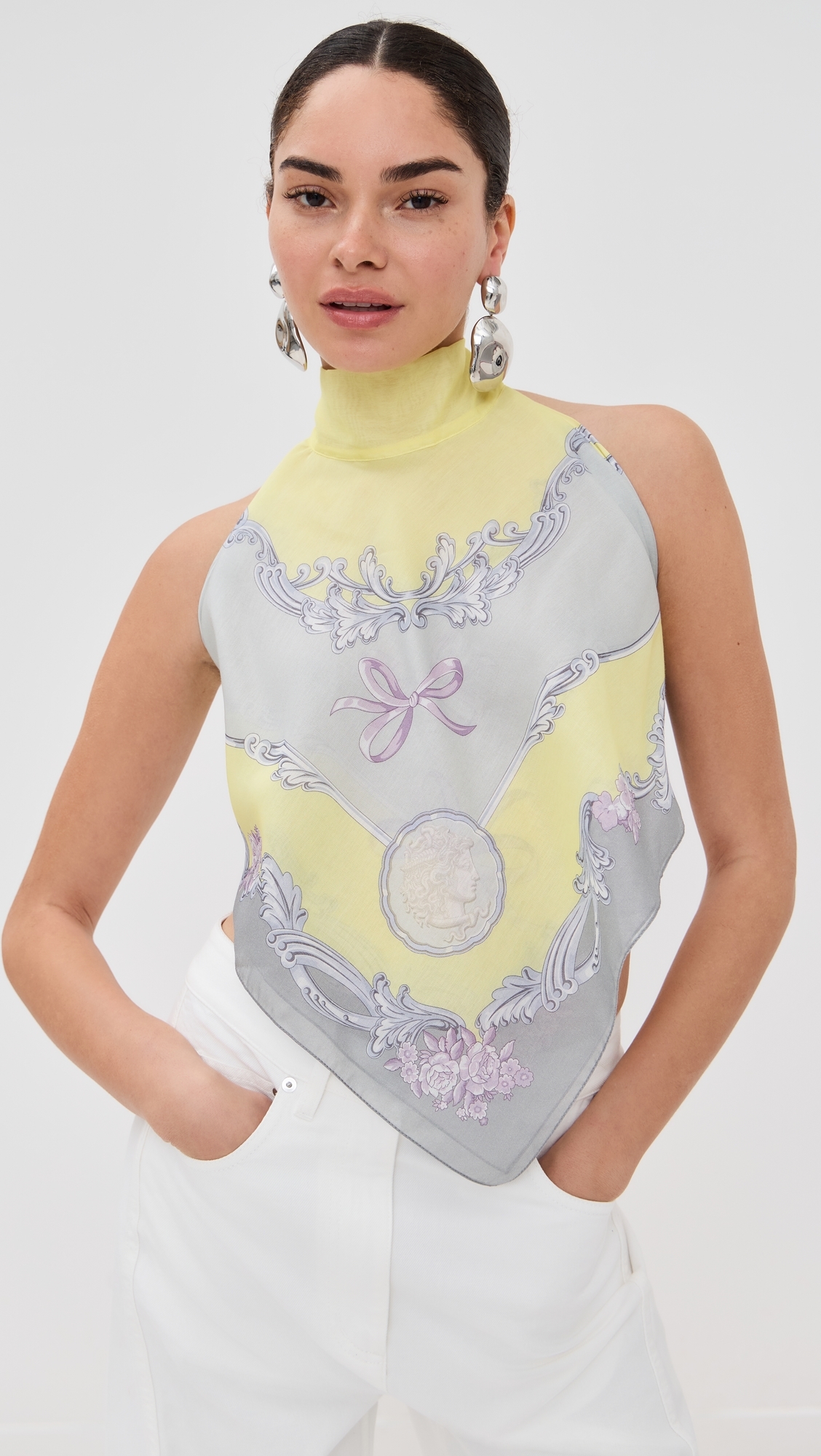 Versace Beachwear Cotton Silk Voile Medusa Cameo Print Top Pale Yellow/Light Grey XL