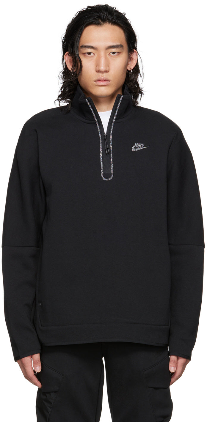 Men Solid Black Sportswear Half-Zip Stand Collar Sweatshirt Activewear