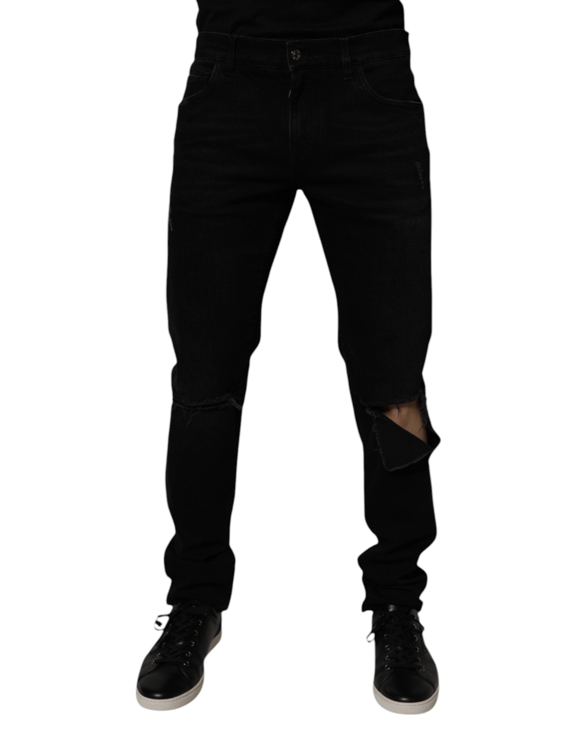 Tattered Skinny Denim Jeans — Black