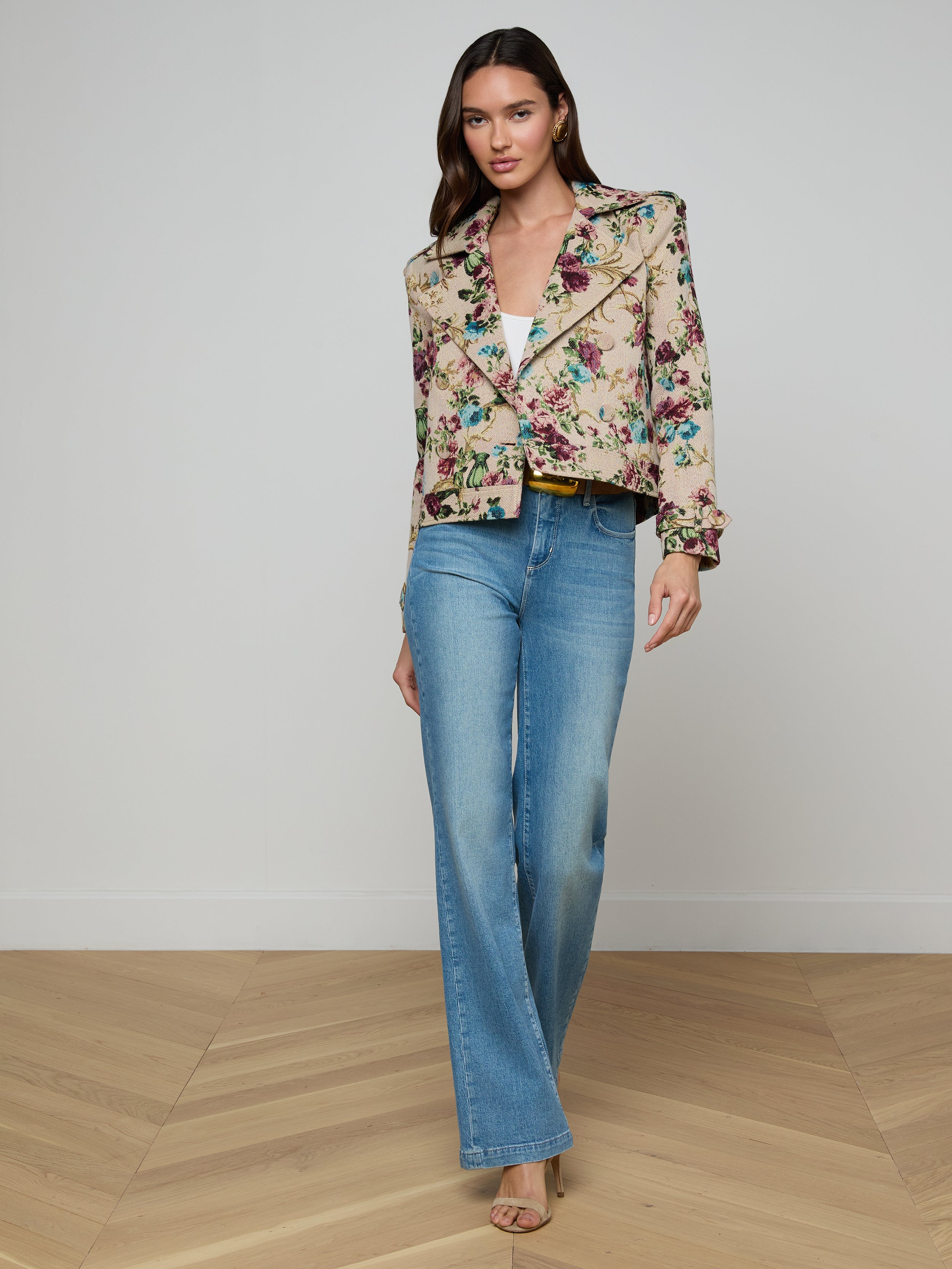 Xoey Cropped Trench Coat In Multi Floral Tapestry