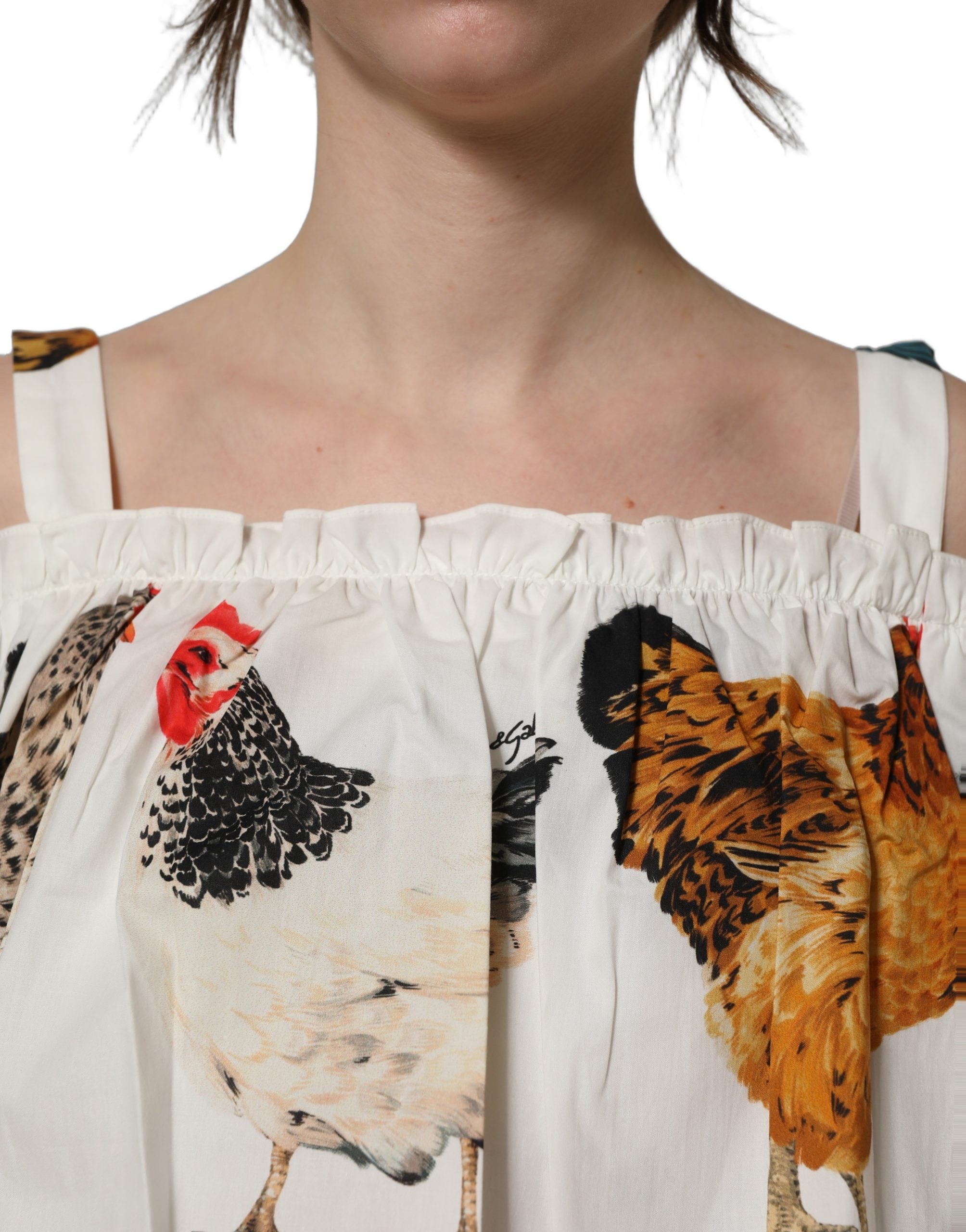 Rooster-Print Cotton Poplin Blouse — White