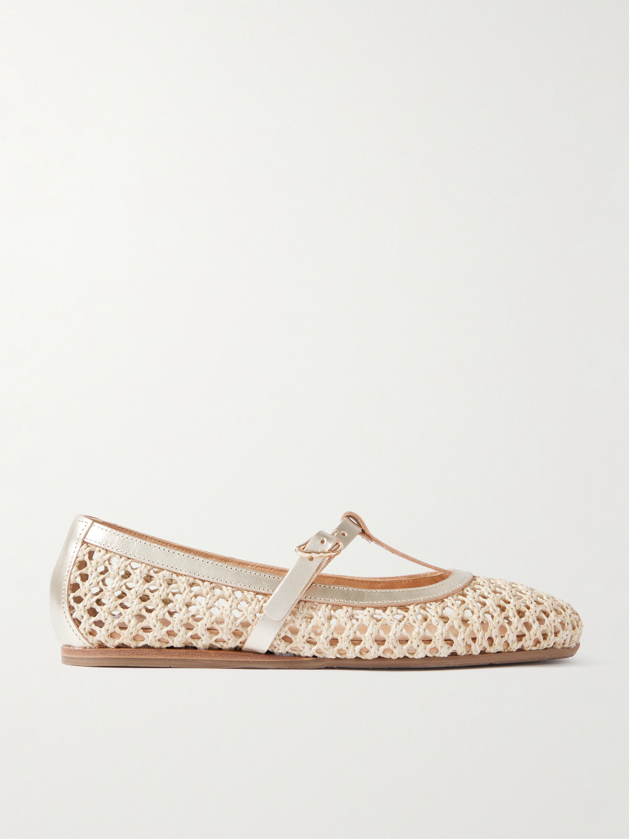 Aerati Metallic Leather-trimmed Woven Raffia Ballet Flats - Cream