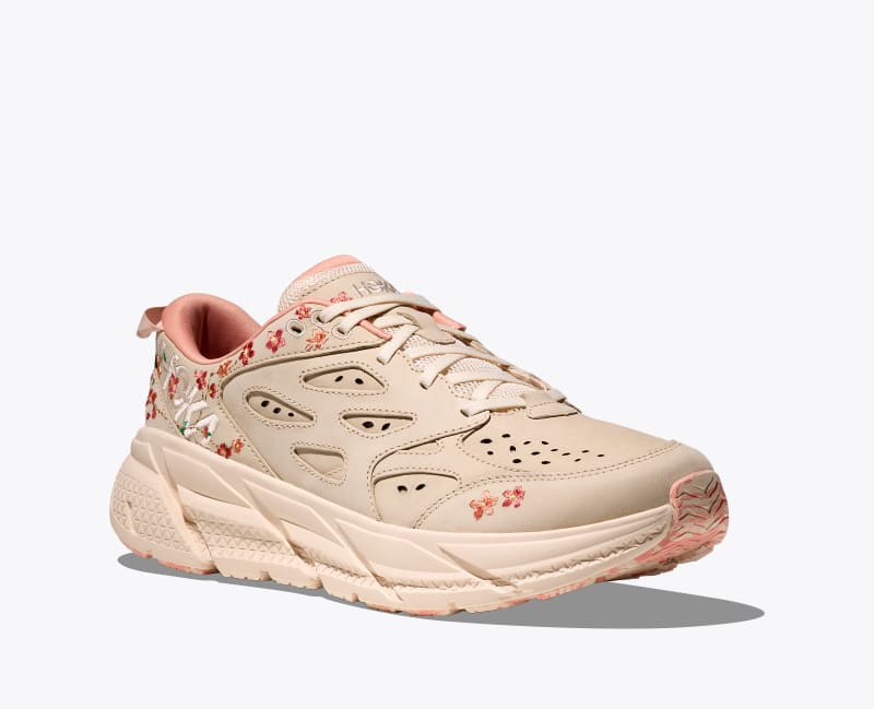 HOKA Vibrant Bloom Clifton L Shoes in Vanilla/Dry Clay