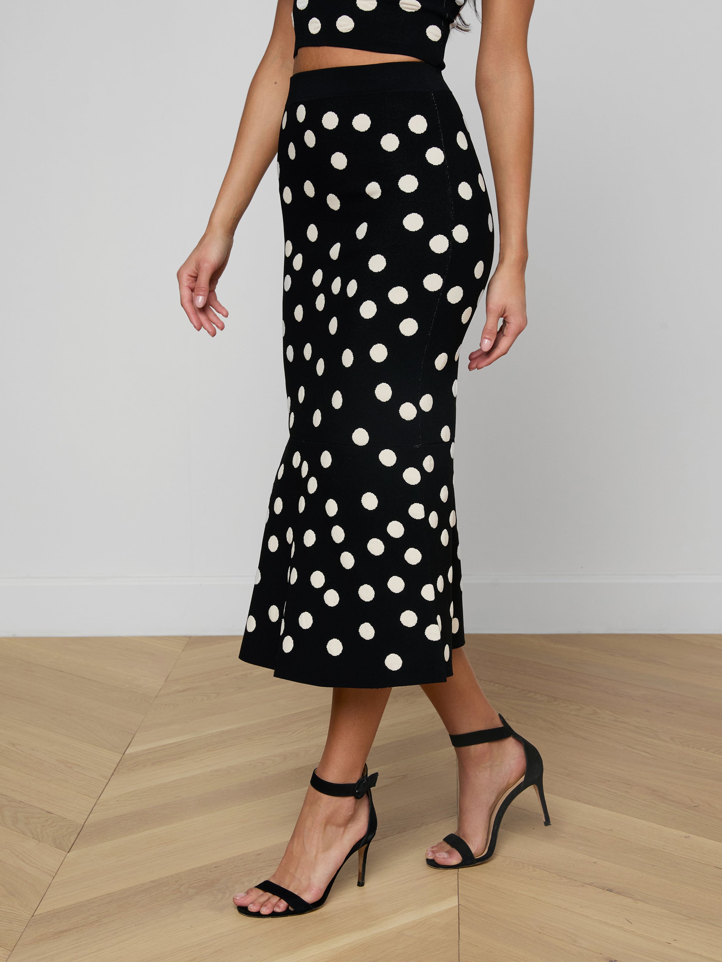 Mae Knit Flare Skirt In Black/ecru Polka Dot