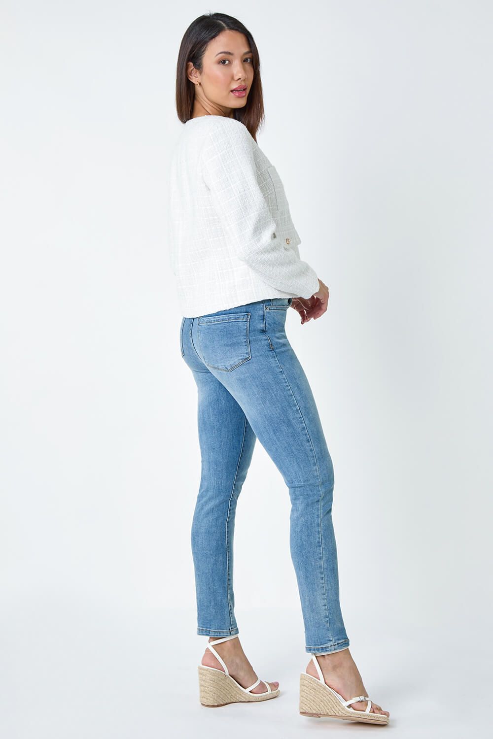 Roman Collarless Boucle Jacket In Ivory
