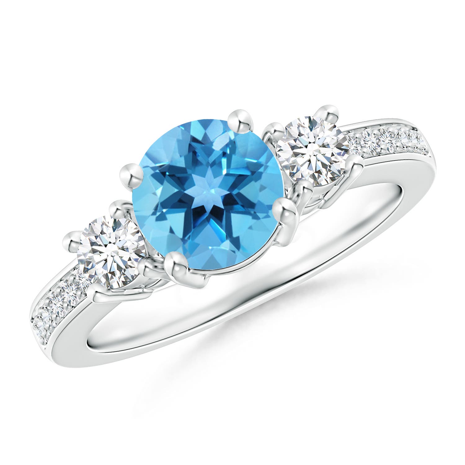 Angara 1.55 Carats Classic Three Stone Round Swiss Blue Topaz and Diamond Engagement Ring in Platinum