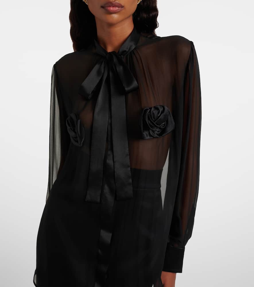 Floral-appliqué sheer silk shirt