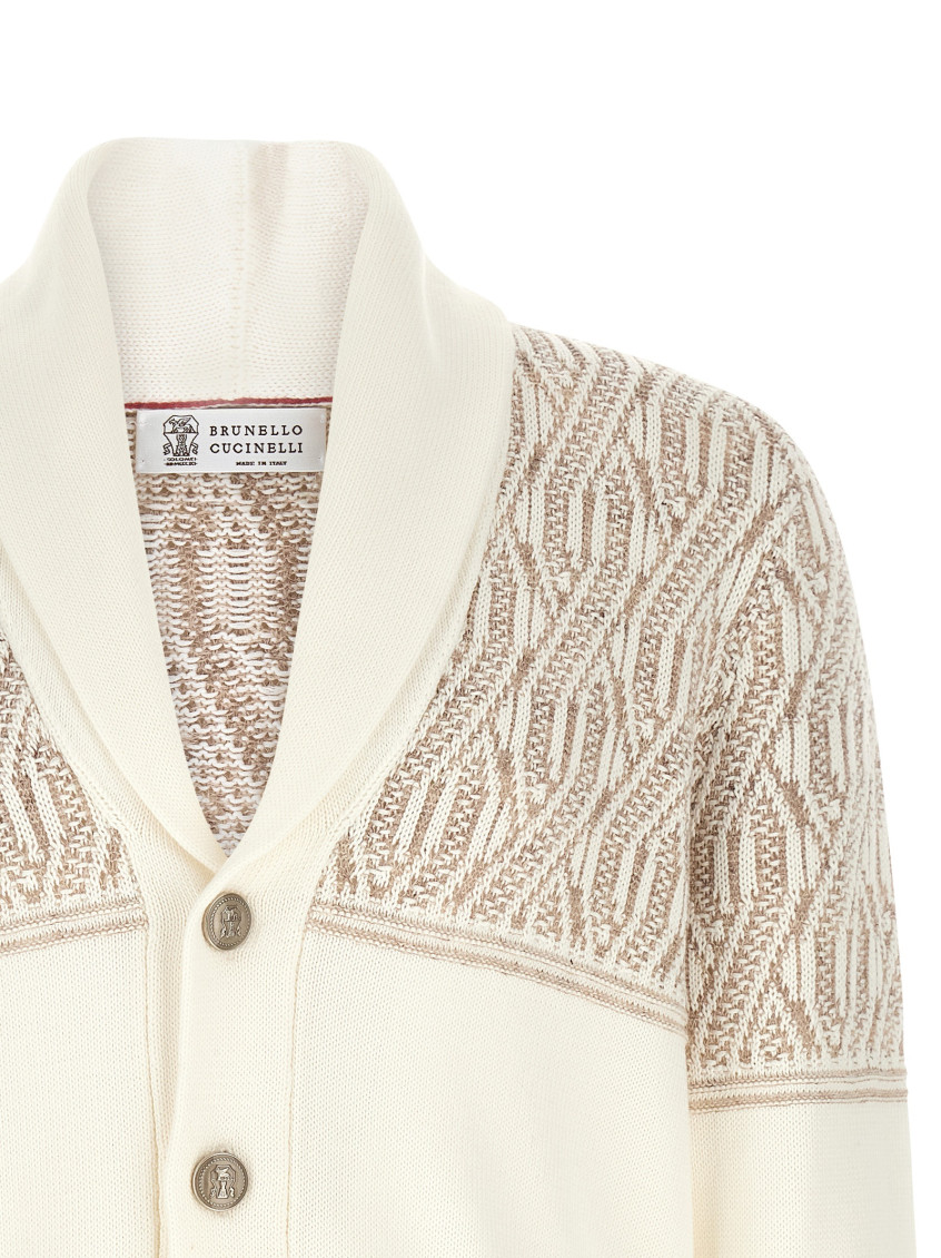 Beige Jacquard Shawl Neck Cardigan